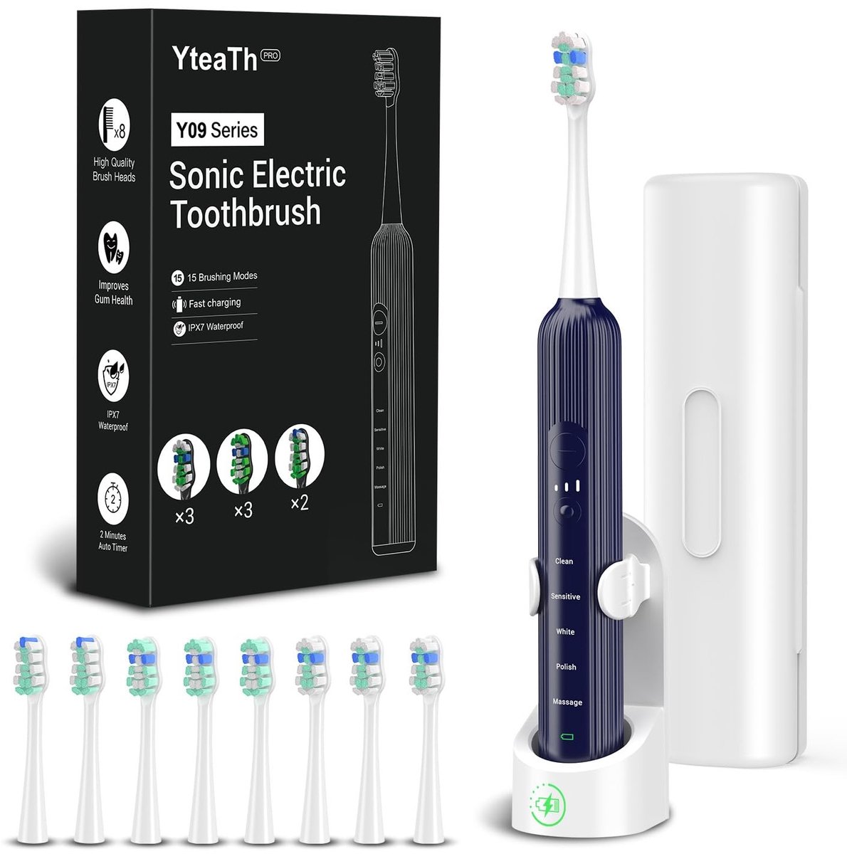 Dailygoods- Elektrische Tandenborstel 5 Modi - Sonische Technologie - 3 Intensiteitsniveaus - 8 Opzetborstels - Geïntegreerde Timer - Reisetui