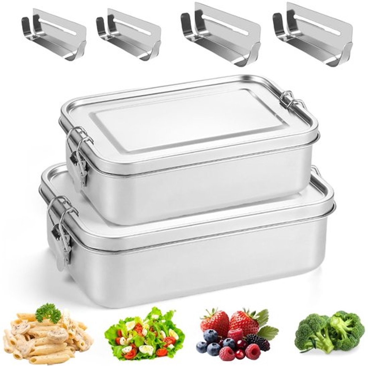 BORDEAG Lunchbox van roestvrij staal, 850 ml + 1400 ml, lunchbox van roestvrij staal, met 2 850 ml + 2 1400 ml uitneembare scheidingswand, lunchbox van roestvrij staal, voor kinderen en volwassenen