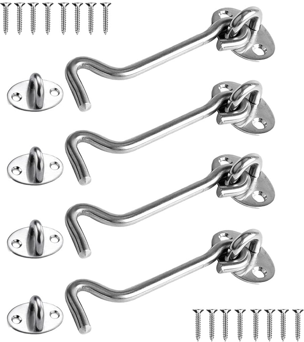Dailygoods- Kabinehaken roestvrij staal - Stormhaak - Raamhaken - Oogdeurgrendel - Deurgrendel voor deuren - 4 stuks - 10 cm - Deurslot
