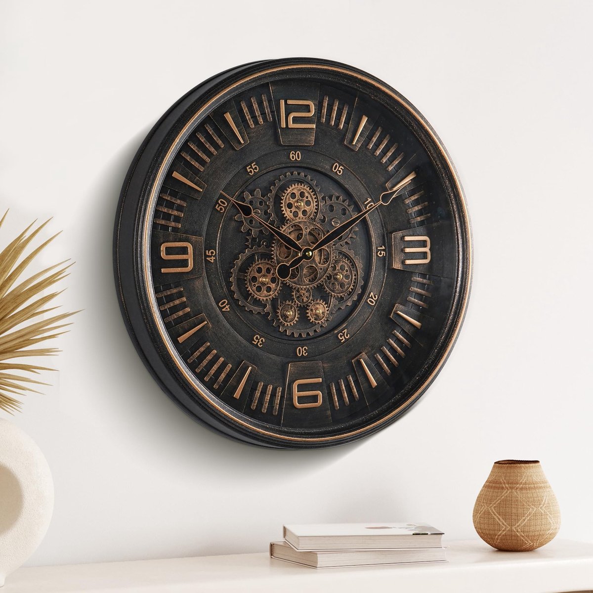 Dailygoods- Wandklok 50 cm - Industrieel/Steampunk Design - Bewegende Tandwielen - Metalen Decor - Antieke Afwerking - Voor Woonkamer/Kantoor - Decoratieve Klok