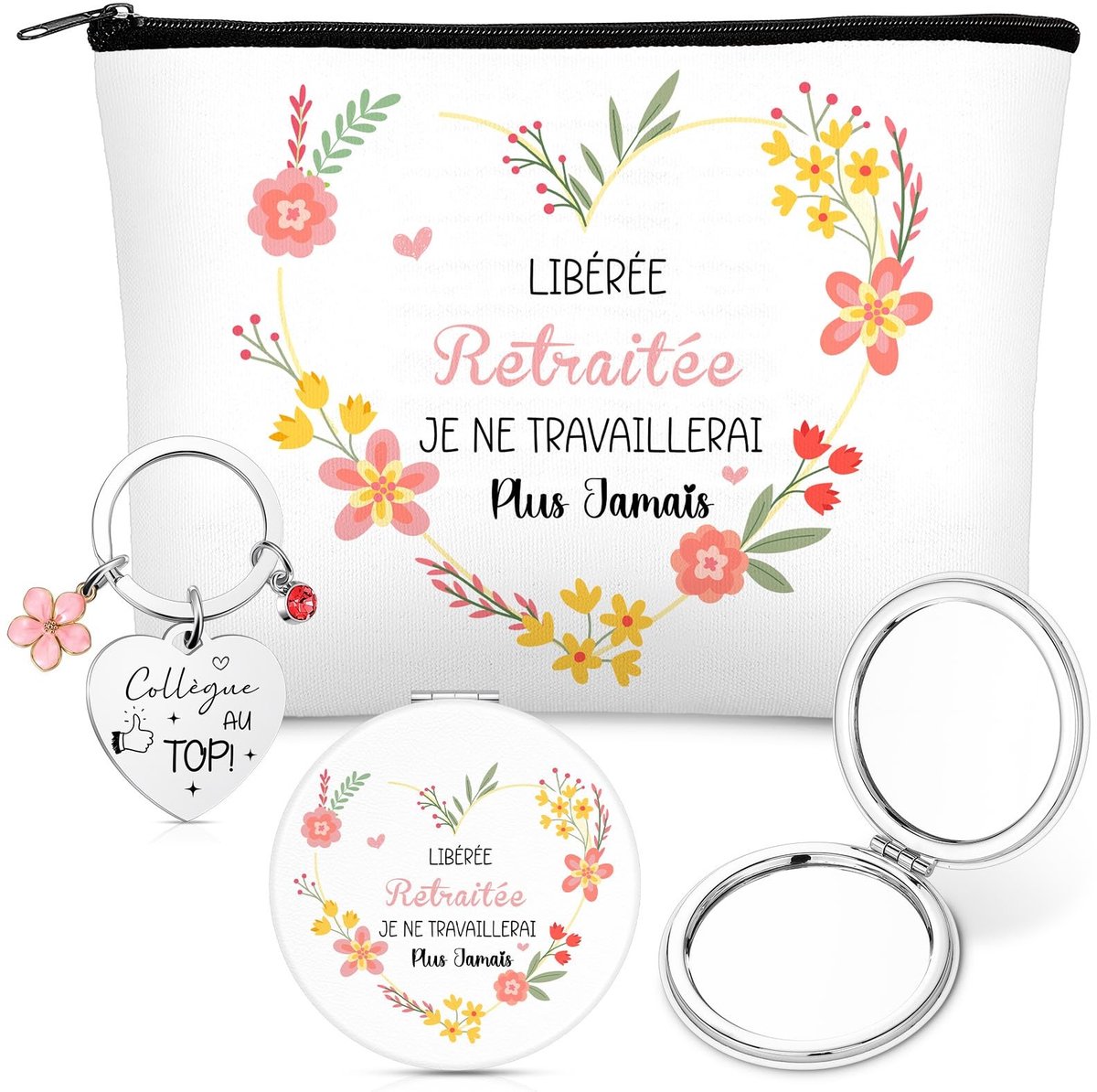 Dailygoods - Set van 3 Dankjewel Geschenken voor Vrouwelijke Collega's - Toilettas, Spiegel en Sleutelhanger