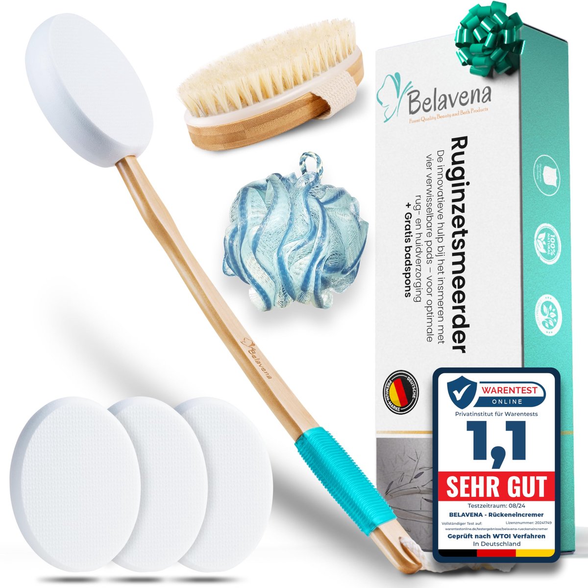 SnelShoppen - Insmeerhulp voor de rug - Verbeterd concept 2026 - Rugcrèmer met 4 verwisselbare pads - Optimale rugverzorging met rugborstel - Ideaal v