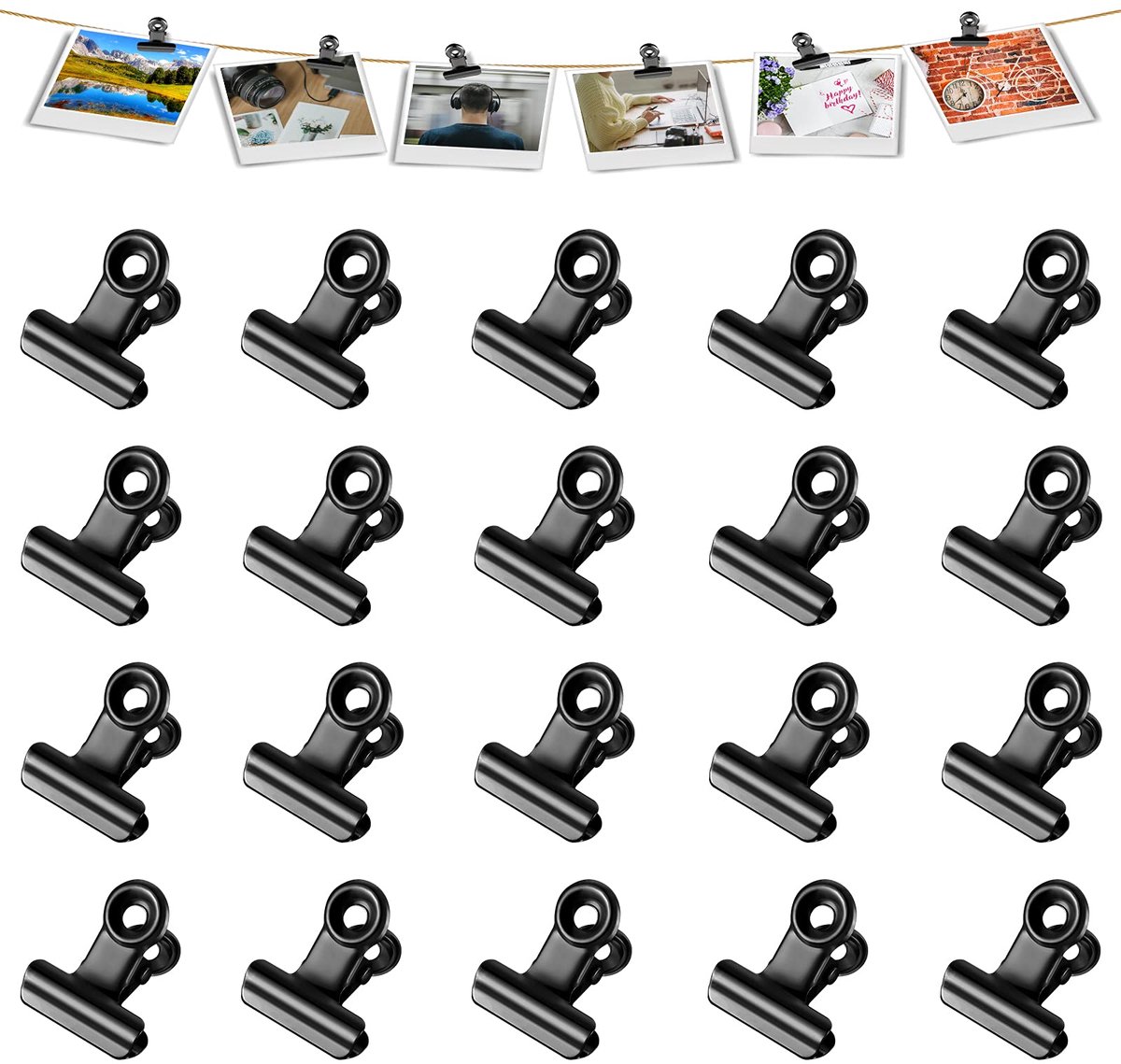 Dailygoods - 20 Mini Zwarte Binder Clips - 22mm Metalen Klemmen voor Documenten, Foto's en Voedselverpakking