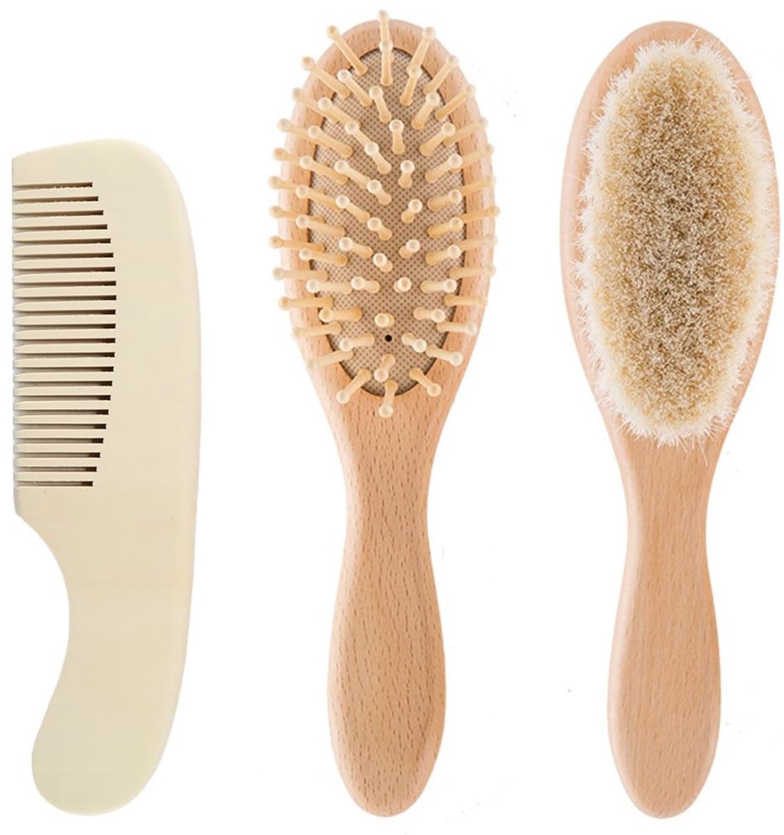 Dailygoods - Set van 3 Natuurlijke Haren Borstels en Kam - Voor Baby's en Kinderen