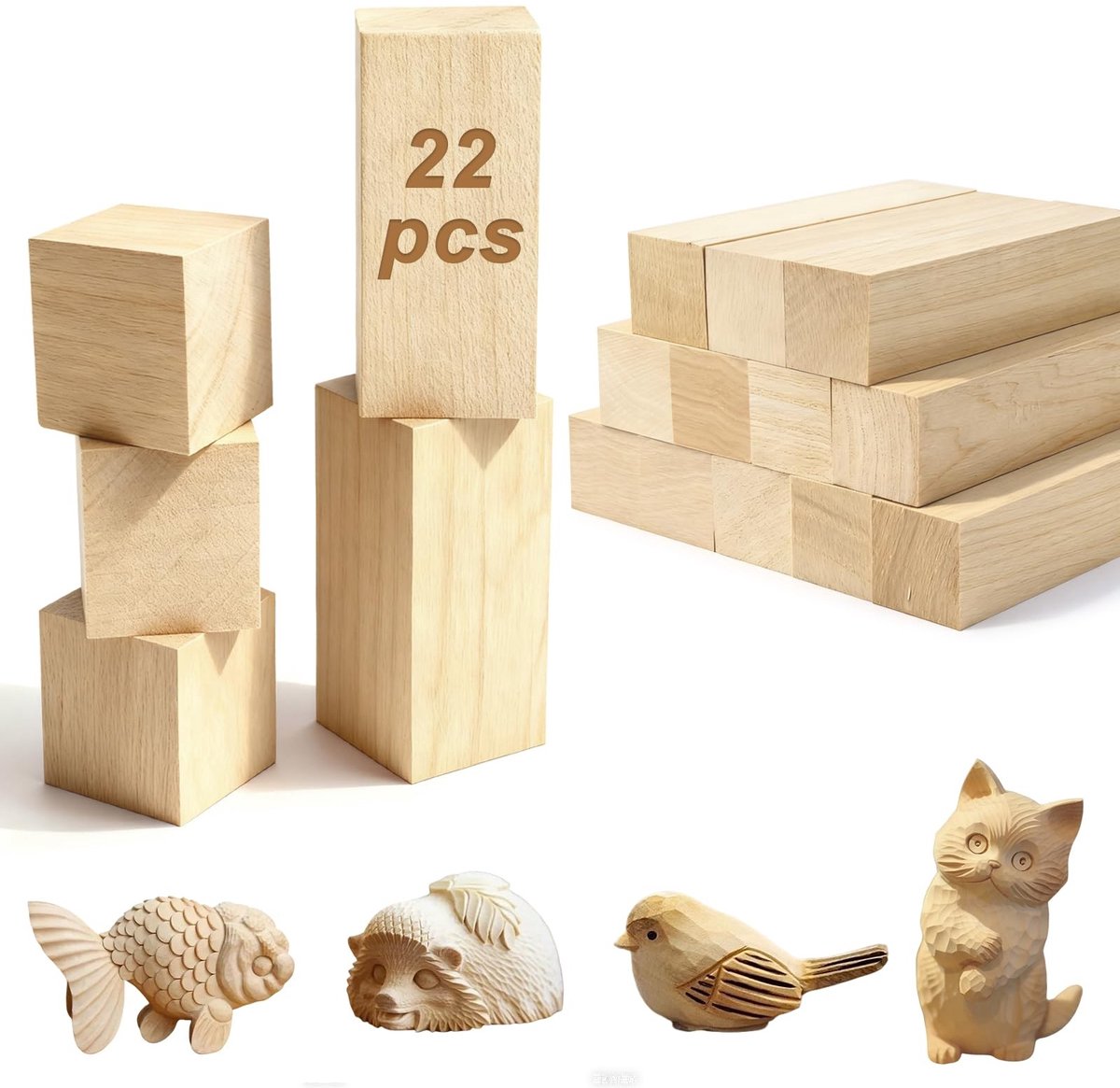 Dailygoods- Lindehoutsnijwerk 22 Stuks - Houtsnijhout - Snijhout voor Beginners - Hout voor Knutselen - Natuurlijke Linde - Geschikt voor Sculptuur