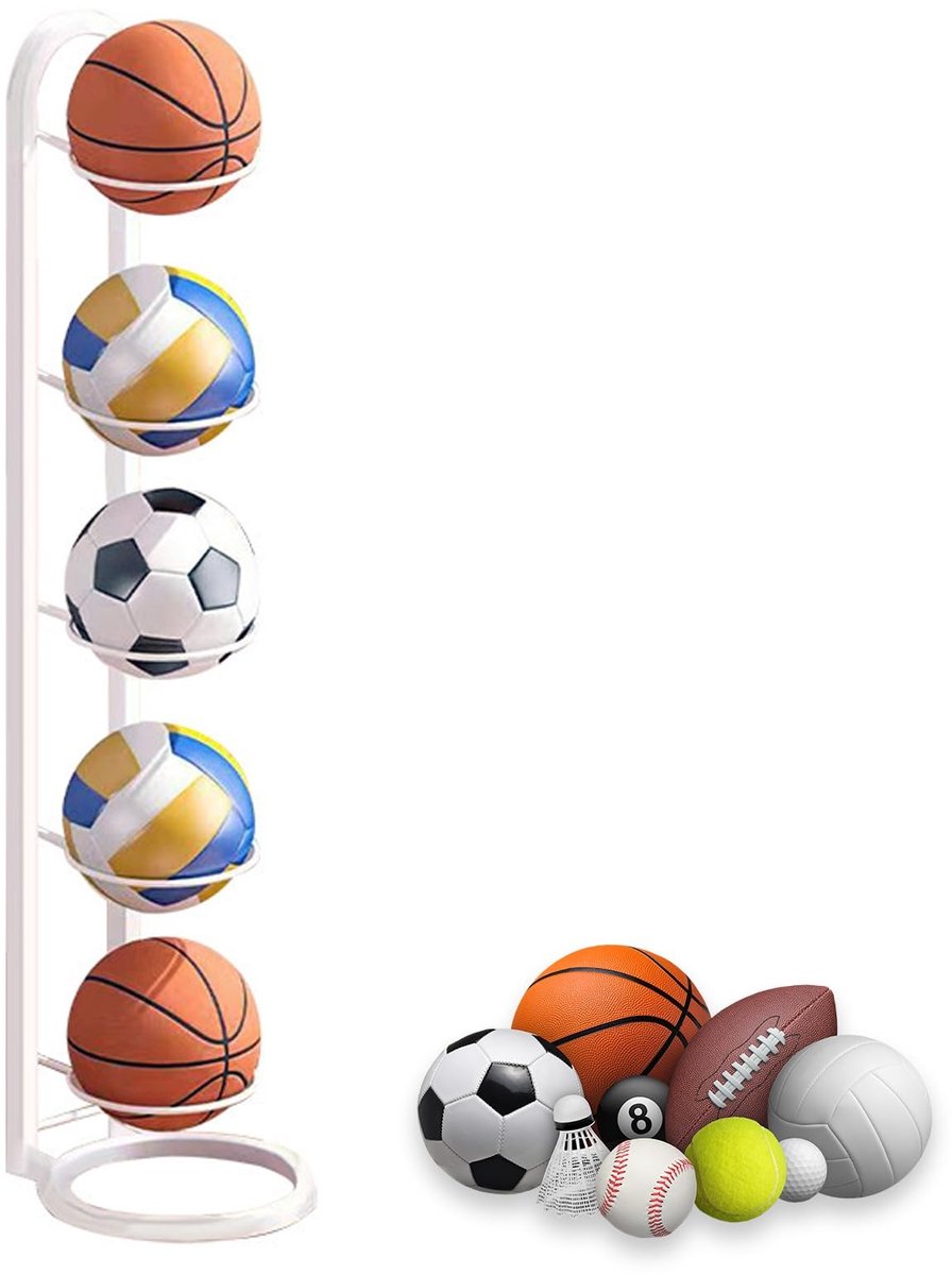 Dailygoods- Balstandaard 5-laags - Verticale Ballenopslag - Balrek - Standaard voor Voetbal/Basketbal/Volleybal - Wit - Duurzaam Ijzer