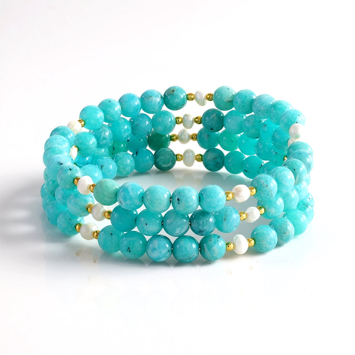 Cavill - Stalen Armband met 125ct Indiaas Amazoniet en Witte Zoetwaterparels - Gouden Hematiet Accenten - Meerrijig Elegant Blauw-Wit Sieraad