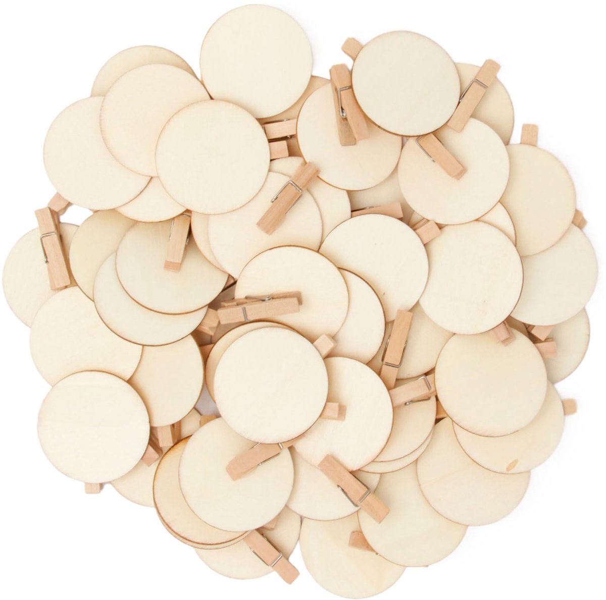 Dailygoods - 50 Stuks Houten Knijpers met Ronde Schijf - Decoratieve Mini Klemmen voor Knutselen