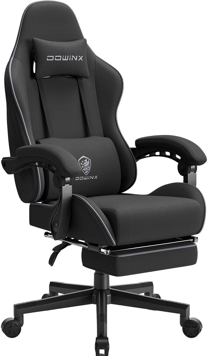 Dowinx Gamingstoel - Ergonomische bureaustoel - Stoffen gamerstoel met voetensteun - Pocketvering zitkussen - Verstelbare rugleuning - Voor kantoor gaming slaapkamer - Zwart