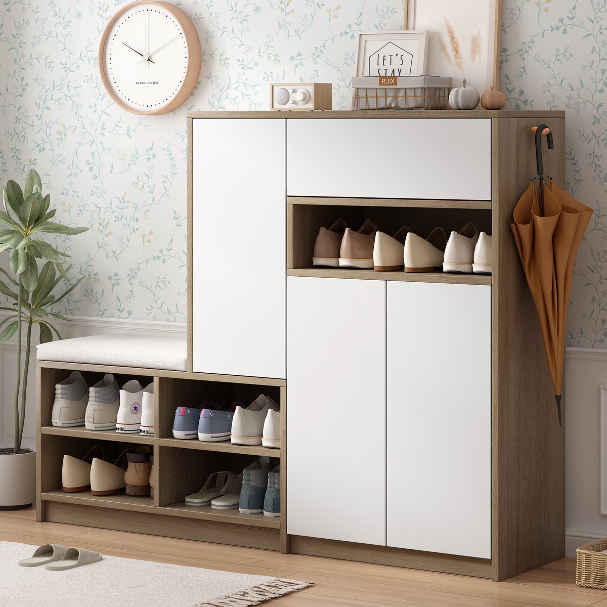 Schoenenkast - Opbergbank met gepolsterde zitting, verstelbare planken & greep-loos design - 140x110x35 cm - Wit