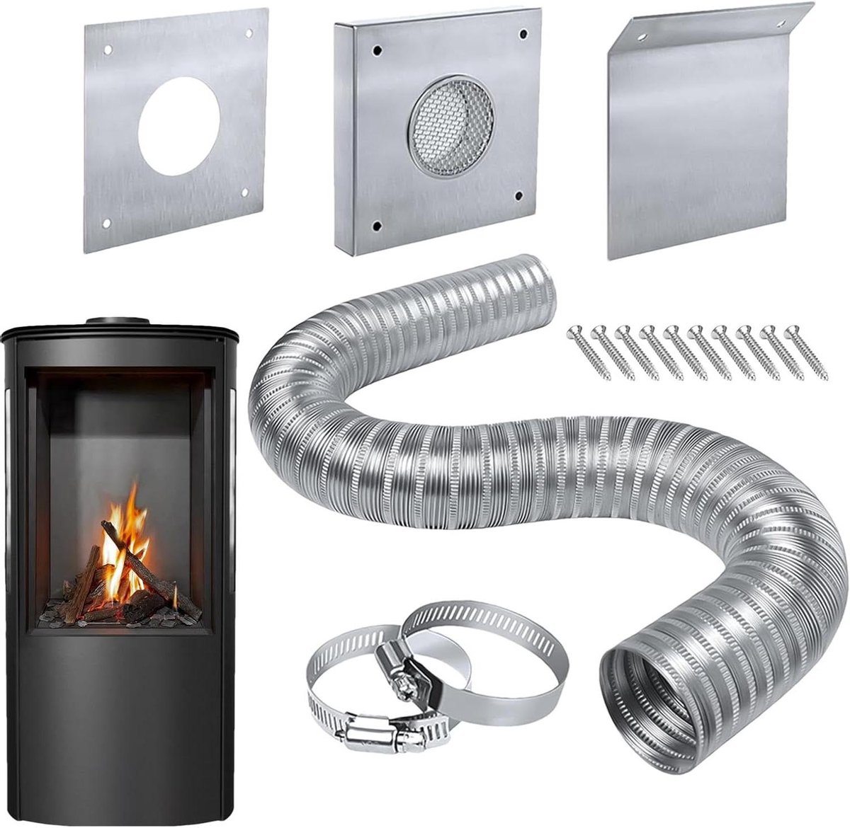 Ontluchtingspijp Pelletkachel - Luchtinlaatset Haard - Efficiënte Ventilatie - Roestvrij Staal 304 - Tot 150 cm - Zilver