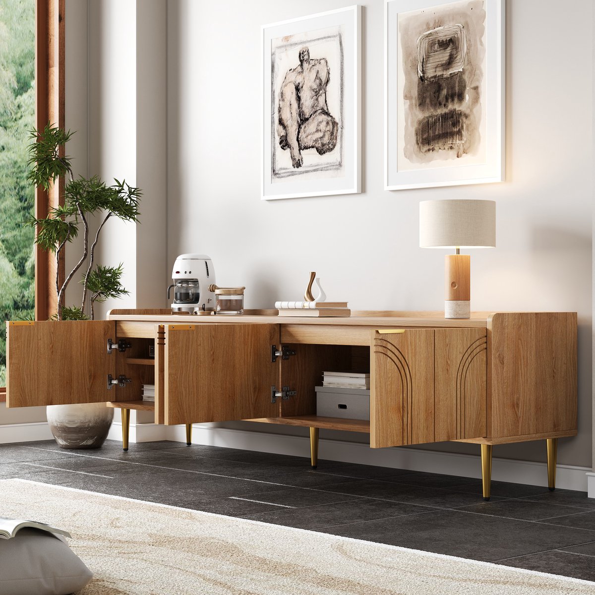 Tv-meubel - lage kast met gestructureerde deuren - gouden handgrepen en gouden poten - 170 x 35 x 47,5 cm - houtkleur