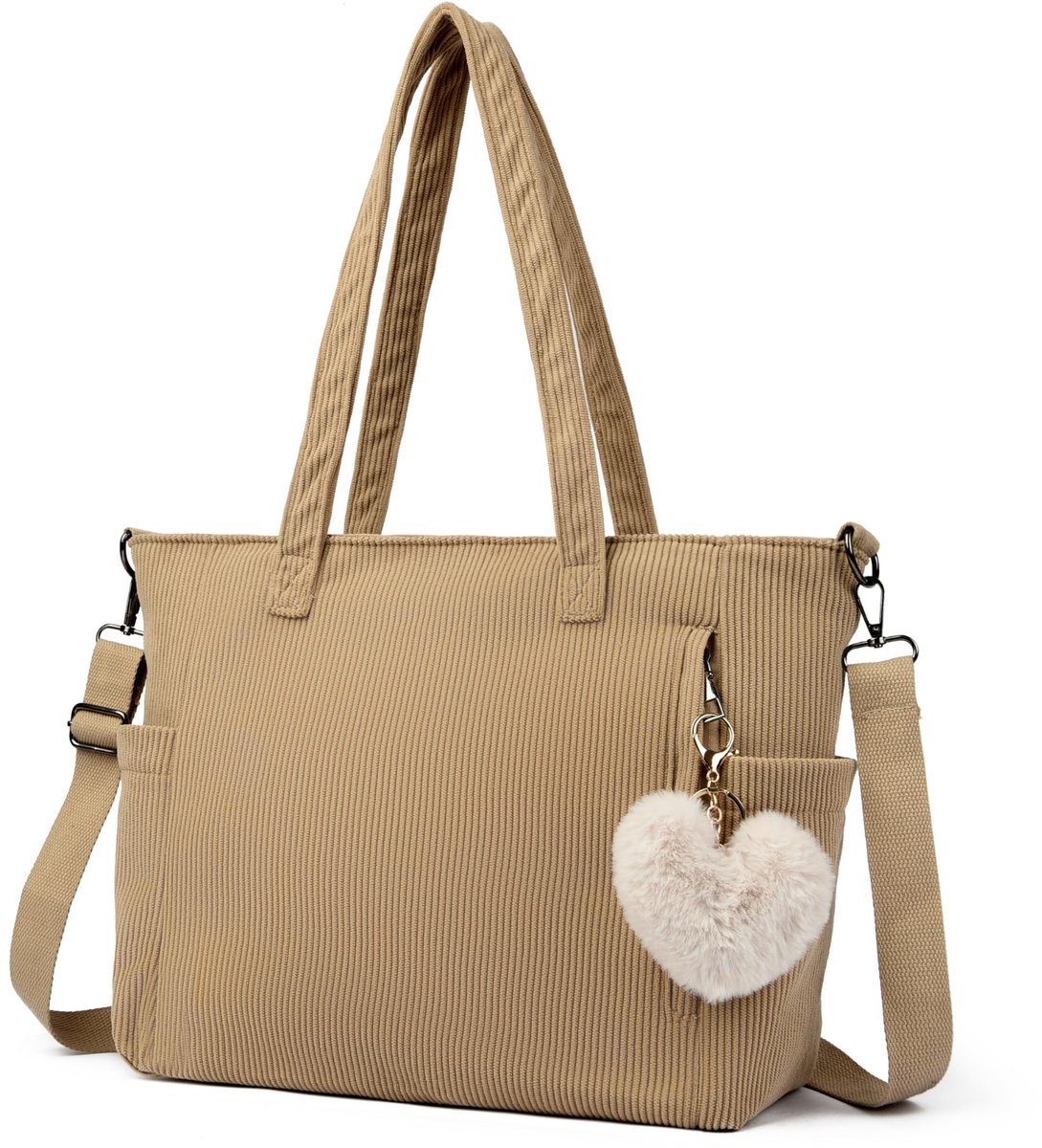 SnelShoppen - Makukke Cord Tote Bag Dames Schoudertas Grote Shopper Tas Handtas voor Werk Kantoor Reizen Winkelen School Kaki