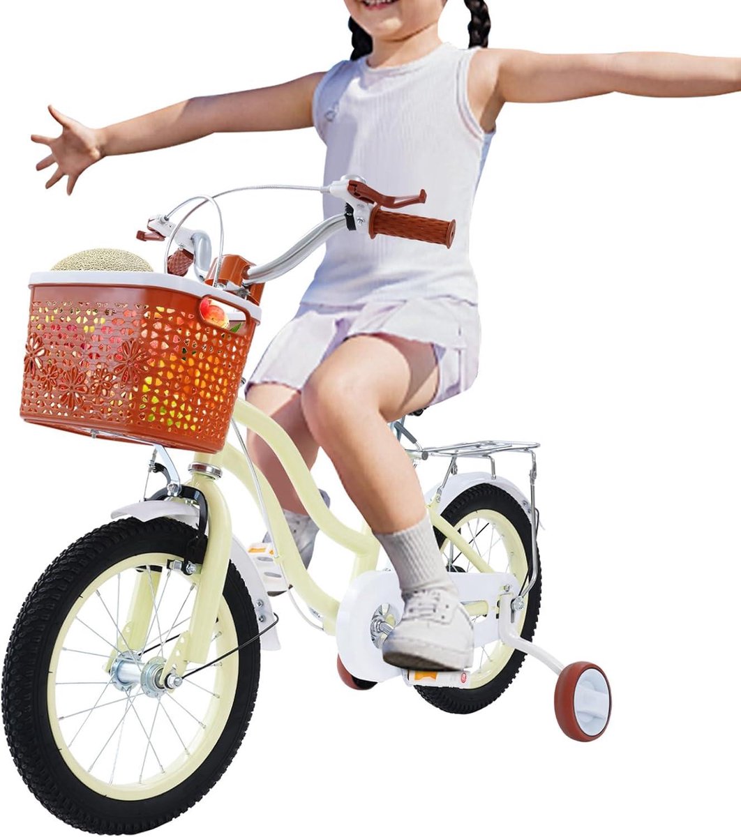 Kinderfiets Meisjesfiets Kinderloopfiets Veilig Leren Fietsen Inclusief Zijwieltjes 14 inch Beige