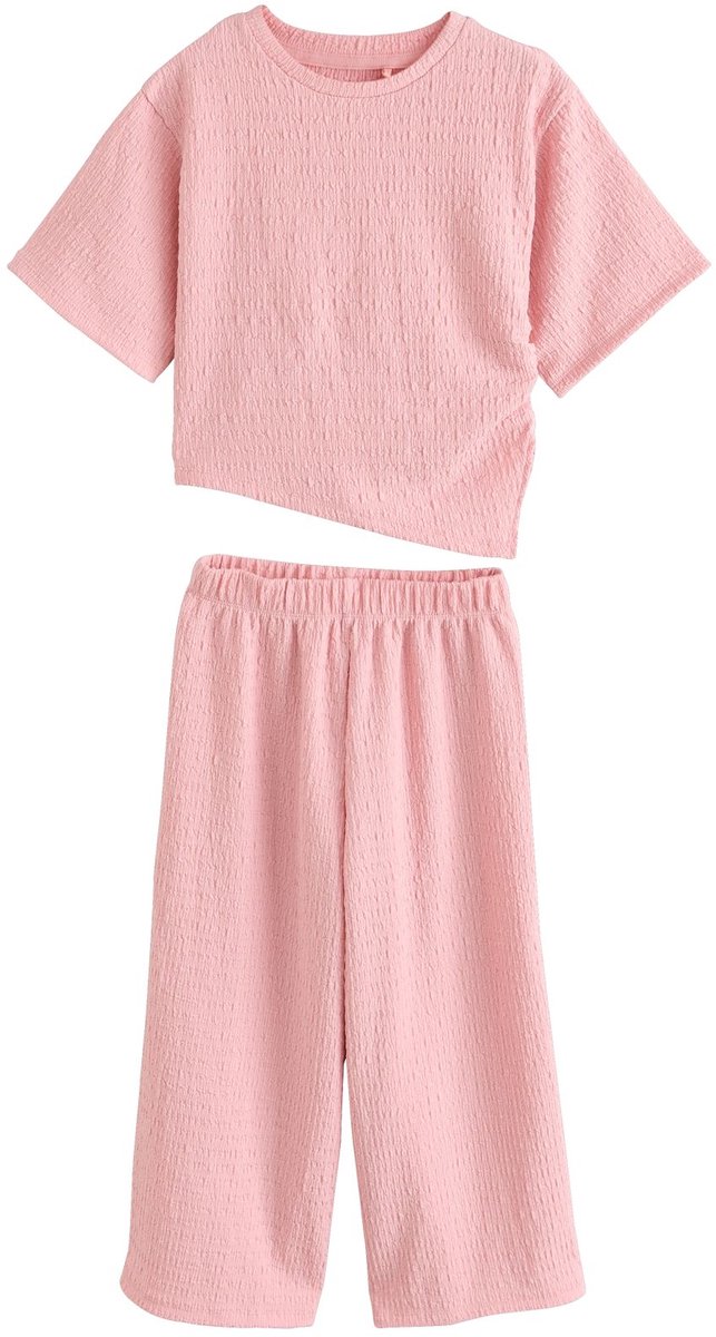 Next - Meisjes - Set van asymmetrisch T-shirt met textuur en broek met wijde pijpen - Roze