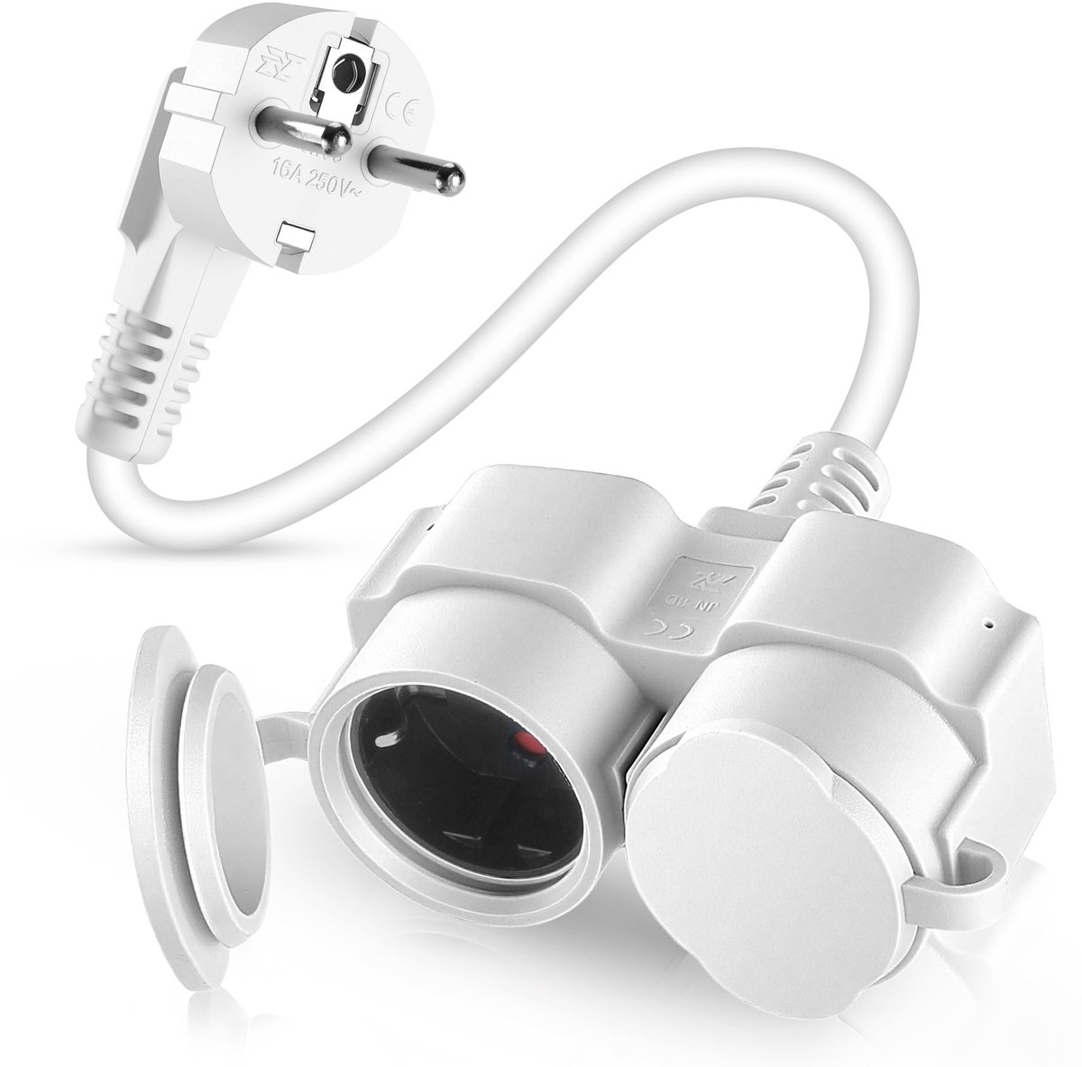 SnelShoppen - Schuko verlengkabel met dubbel stopcontact en stofafdekkingen, 0,25 m, 16 A, 250 V, IP44, ideaal voor binnen en buiten gebruik, wit