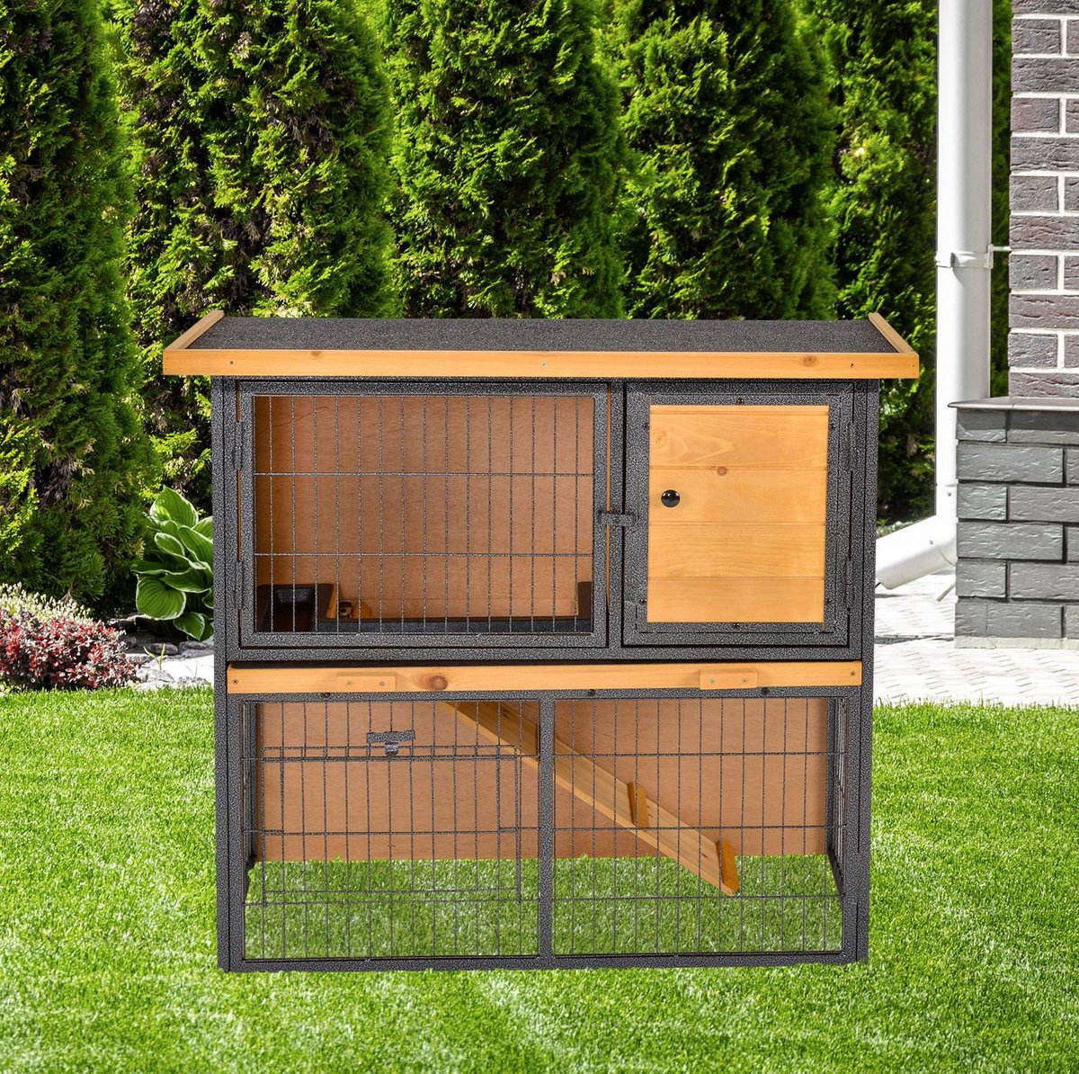 REDOM - Kleintierstall - 2-in-1 met uitloop en huisje - Afsluitbare deuren - Hout-metaal - Voor konijnen en cavia's - Lichtgeel - 89,5 x 45 x 81 cm