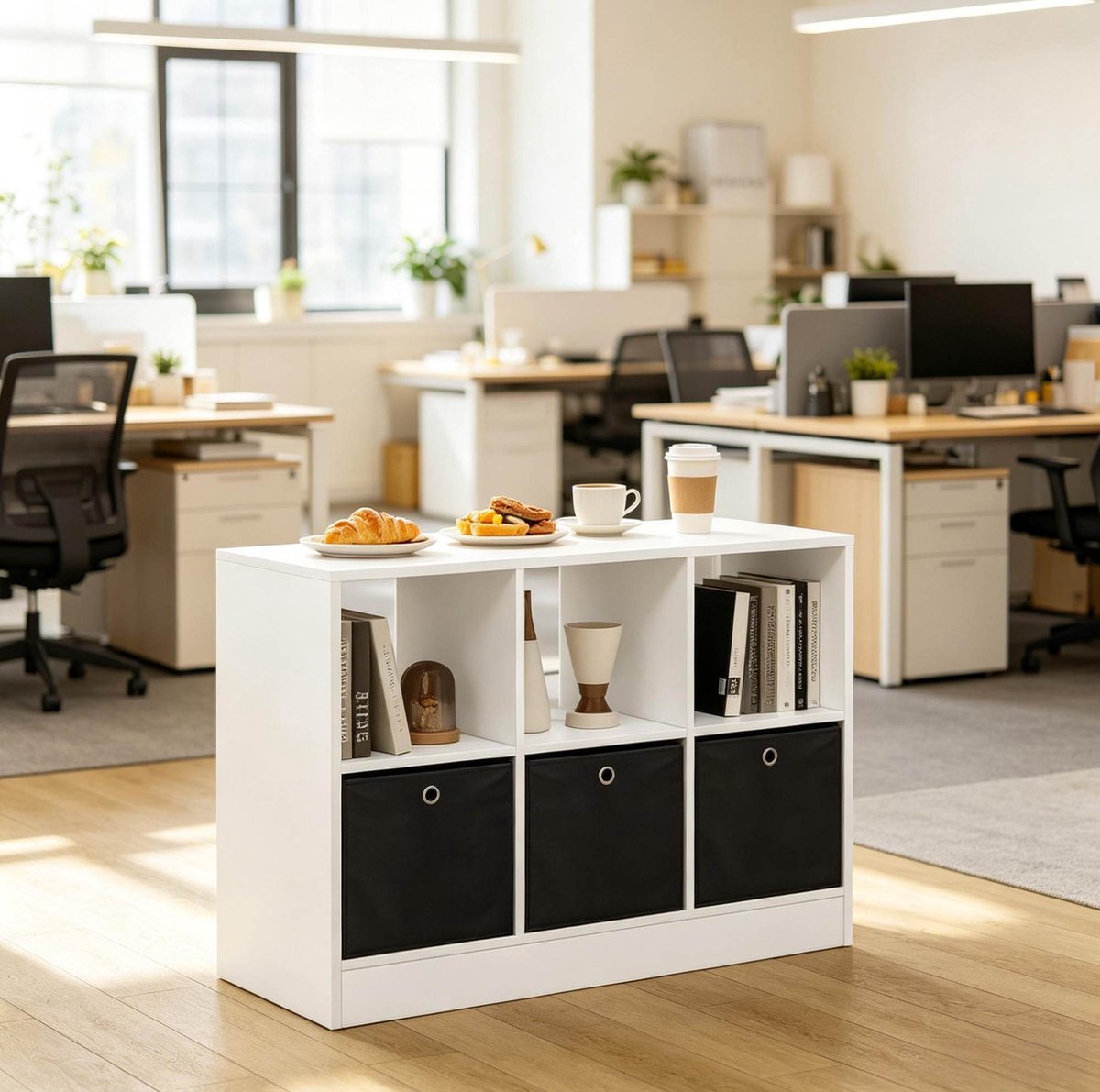 REDOM - Vakkenkast - 3 open vakken en 3 stoffen lades - Staand opbergmeubel - Scandinavisch & Basic - Slaapkamer, woonkamer, kantoor - Spaanplaat en vlies - Wit en zwart - 80 x 30 x 61 cm