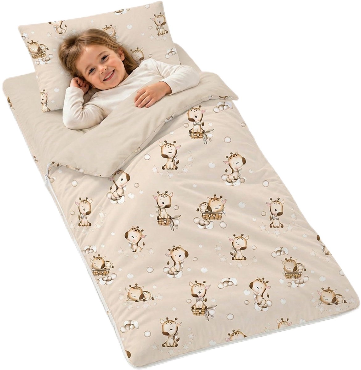 SnelShoppen - Slaapzak Kinderen met Kussen en Ritssluiting - 75x140 cm Giraffen - Ideaal voor Baby's en Peuters 3-7 Jaar - Oeko-Tex Goedgekeurd voor K