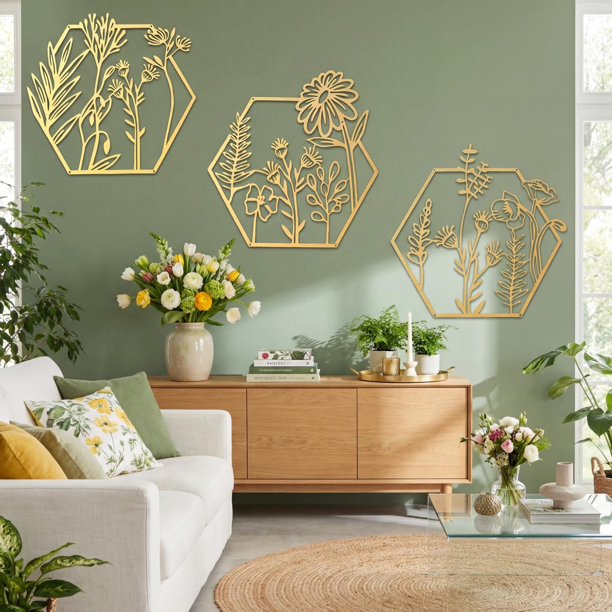 SnelShoppen - 3 Stuks Gouden Metaal Bloem Muurdecor - Minimalistische Bloemen Wanddecoratie - Metalen Bloem Wandkunst - Hexagonale Stijl voor Woonkame