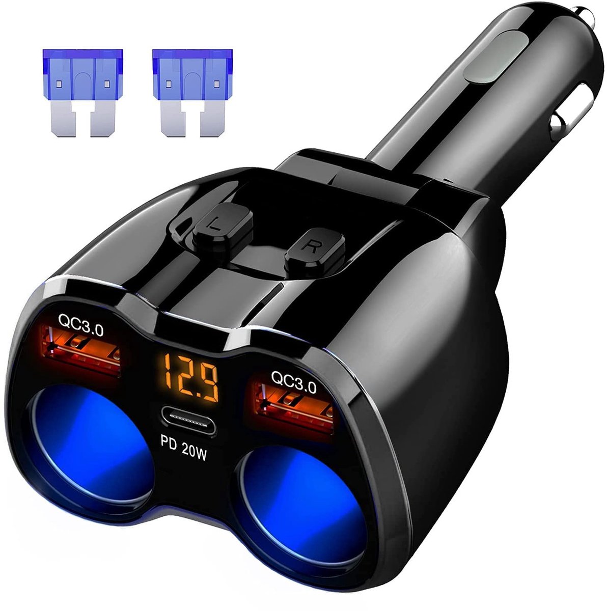 SnelShoppen - 150 W Sigarettenaansteker Verdeler, USB C Auto-Oplader Adapter 12V/24V Splitter Dual QC3.0 en 20W PD Type C Dual USB-Poort met Aparte Sc
