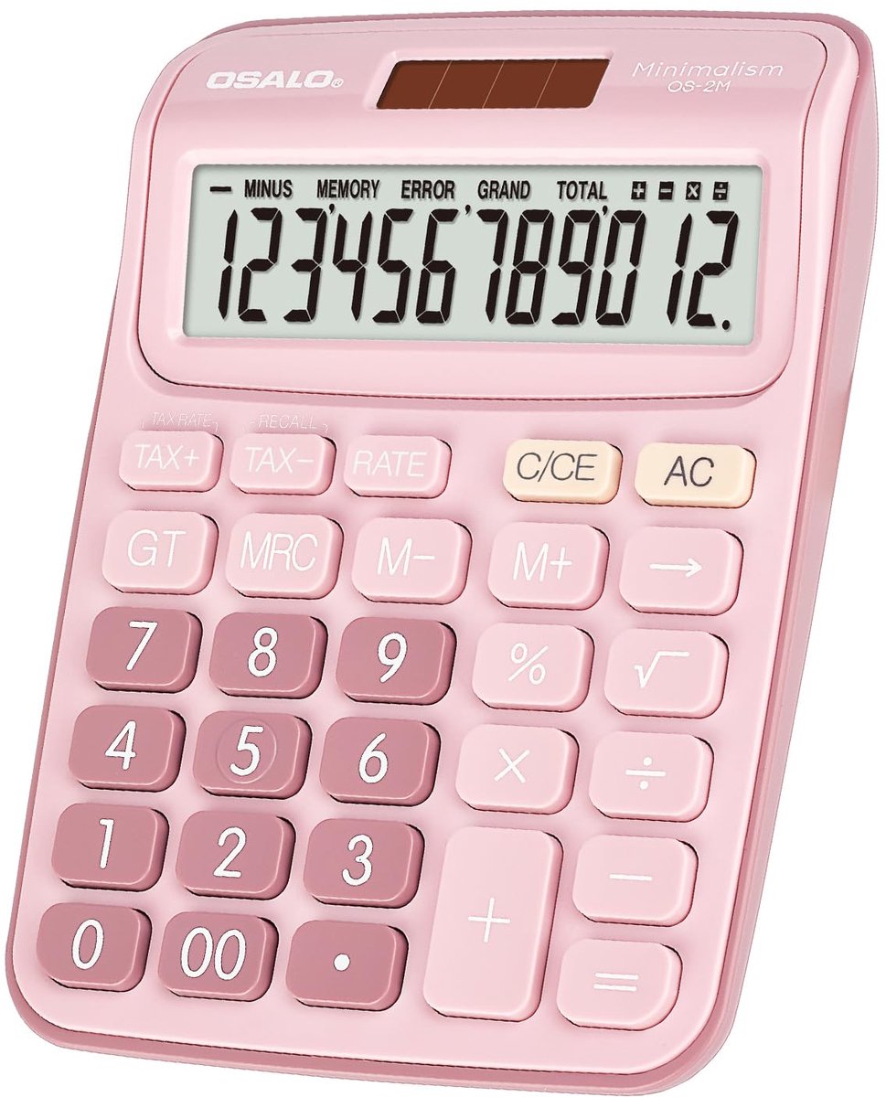 SnelShoppen - Roze Desktop Calculator, 12-cijferig Groot LCD-scherm, Zonne-energie en Batterij Dual Power, Grote Knoppen, Ideaal voor Kantoor en Schoo