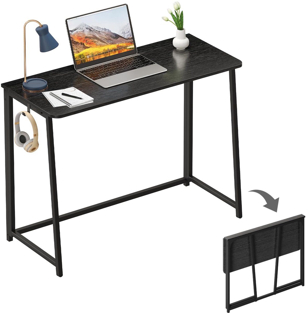 SnelShoppen - Opvouwbaar Bureau 100cm, Klein Vouwtafel Bureau voor Kleine Ruimtes, Mini Computertafel Gamingtafel, Zwart, Ideaal voor Thuiswerk en Stu