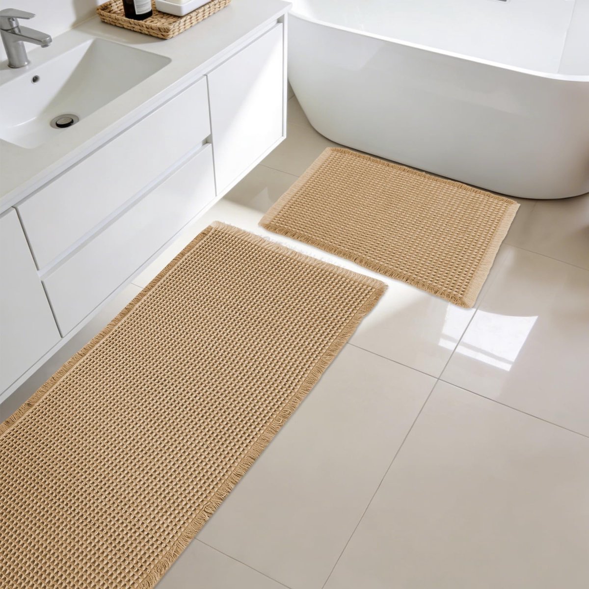 SnelShoppen - Badmatset 2-delig, grote badkamermat met wafelstructuur, super absorberend, antislip en zacht, wasbaar badkamertapijt voor douche en bad