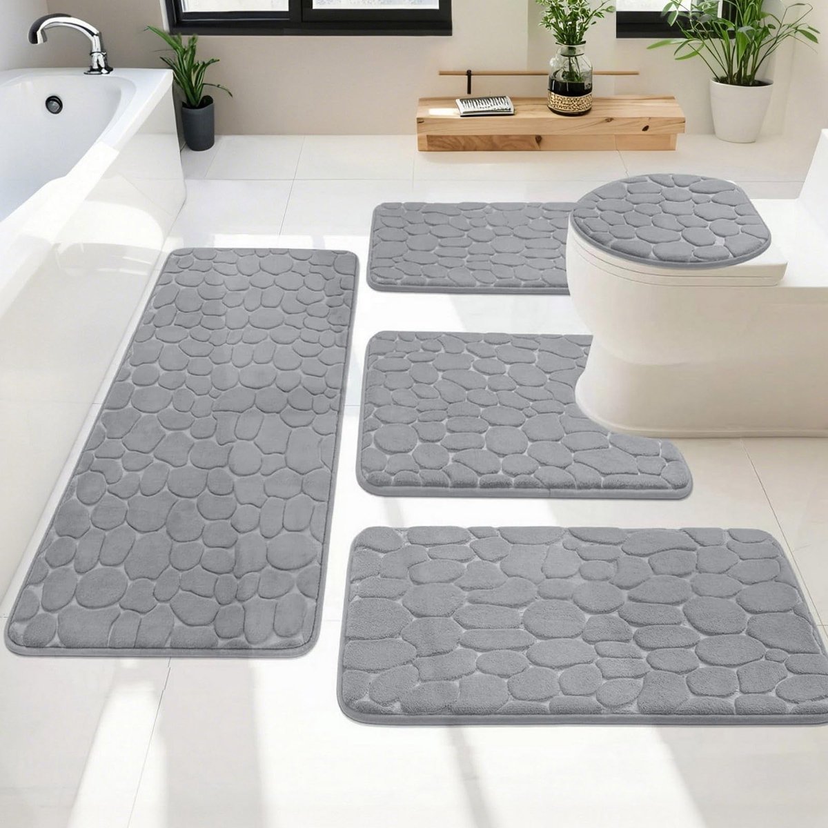 SnelShoppen - Badkamermatten set 5 stuks, wasbare antislip badmatten, sneldrogend en absorberend, grijs voor badkuip en douche