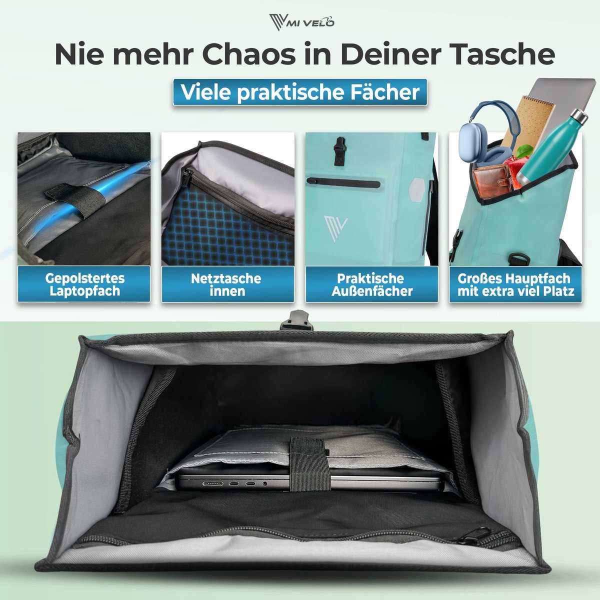 SnelShoppen - MIVELO 3-in-1 Fietstas voor Bagagedrager, Waterdichte Fietstas, Rugzak met Gevoerd Laptopvak, 20 Liter, Aqua, Perfect voor Fietsvakantie