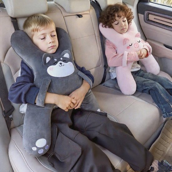 Auto Nekkussen - Autokussen voor Kinderen - Kussen voor Hoofd- en Lichaamsondersteuning - Autostoelkussen voor Kinderen - Schattig Cartoon Reiskussen - Roze Piggy-Stijl - Voor Om In Te Slapen En Voor Langeafstandsreizen — afbeelding 4