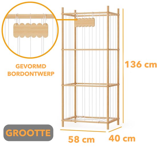 Houten opbergrek met een gebogen bord "Rick's Speelgoed".