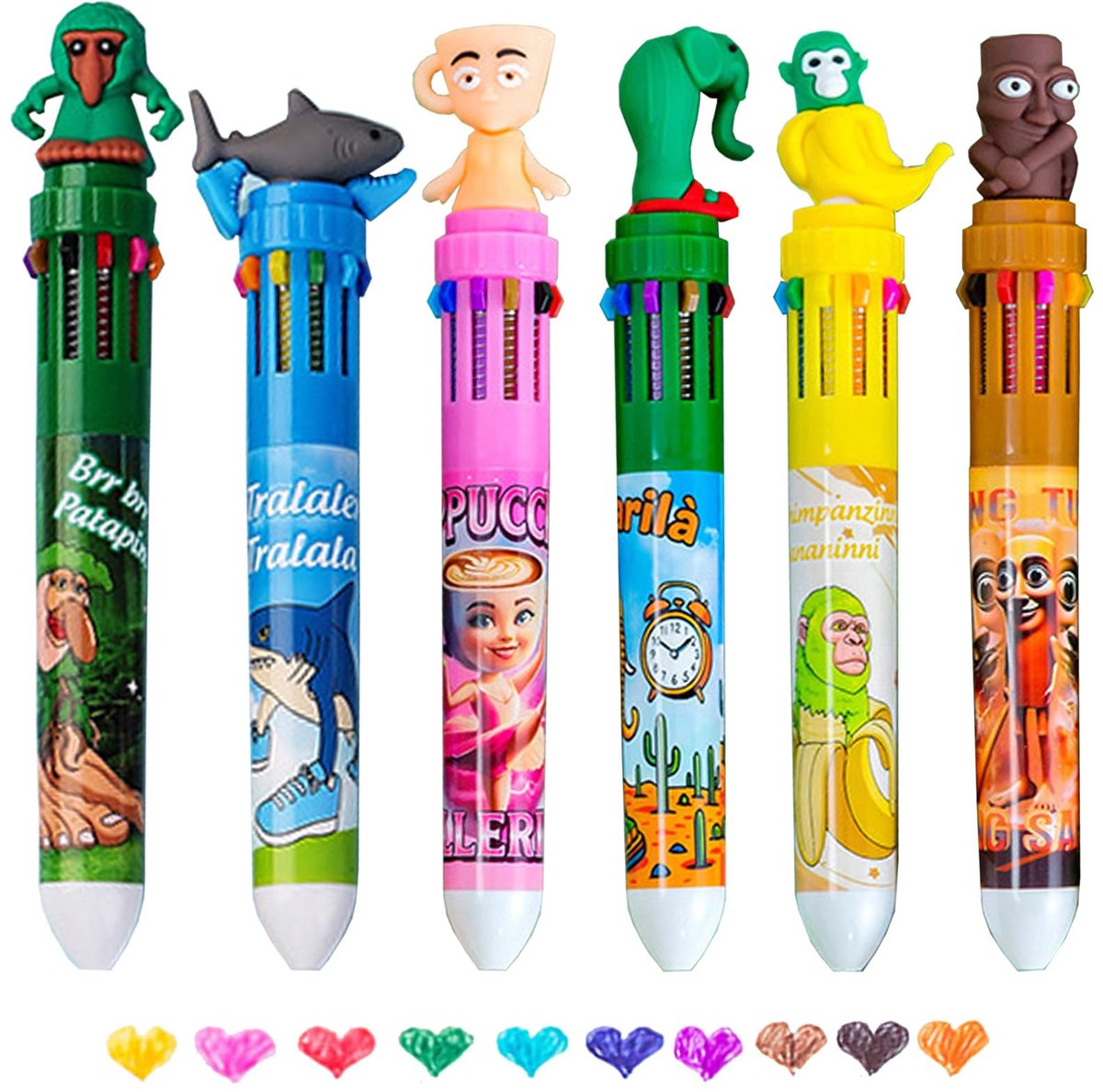 SnelShoppen - Glitter Zandbalpennen Set van 6 - Schattige Cartoons - Regenboogkleuren - Perfect Tekenspeelgoed voor Kinderen van 5-10 Jaar - Ideaal Ca