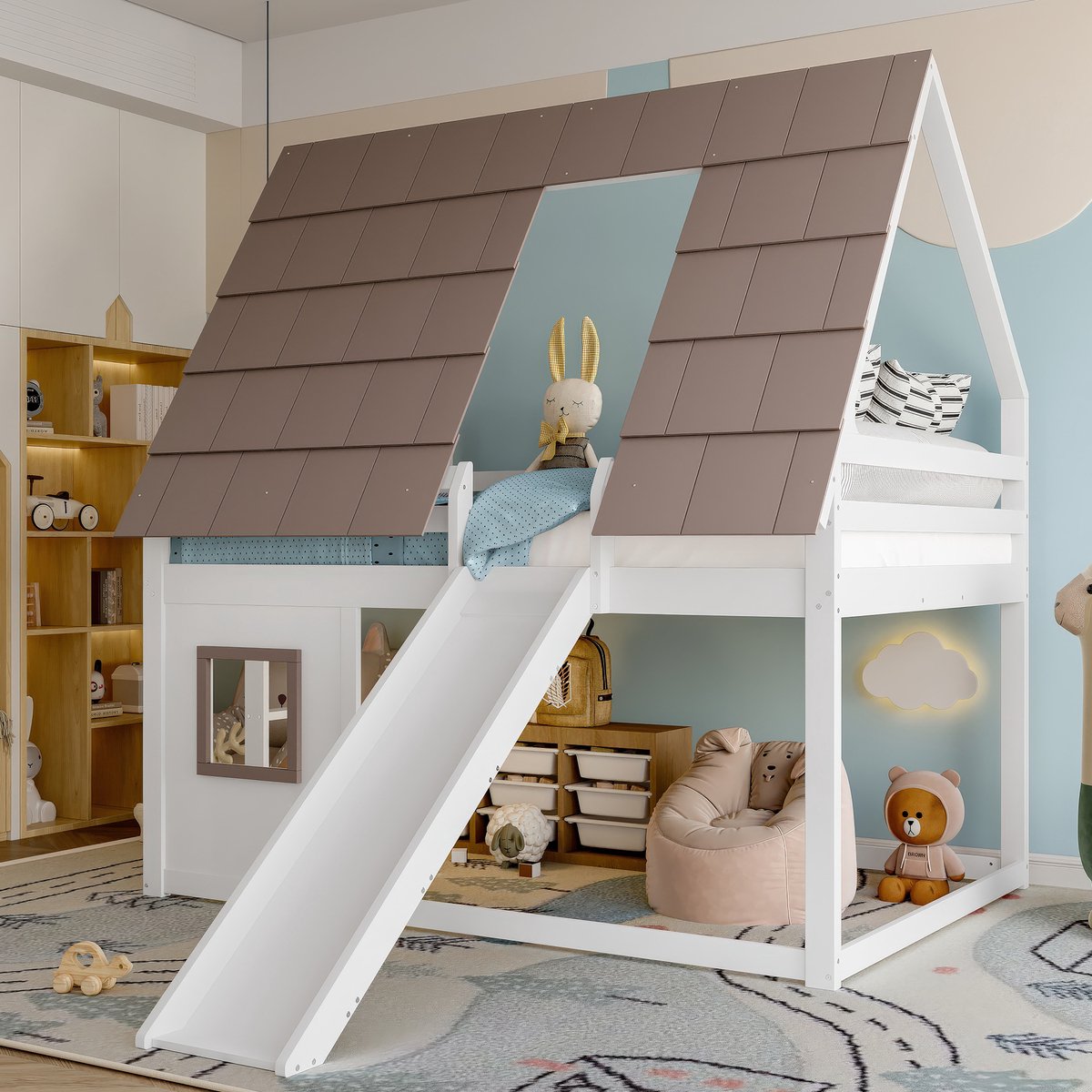 COVREO Huis stapelbed 140x200 cm - wit en bruin, met glijbaan, ladder en dak