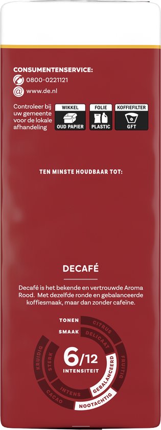 Achterkant van rode Douwe Egberts koffieverpakking met recycle-informatie en smaakprofiel. Bevat de tekst 'Decafé'.