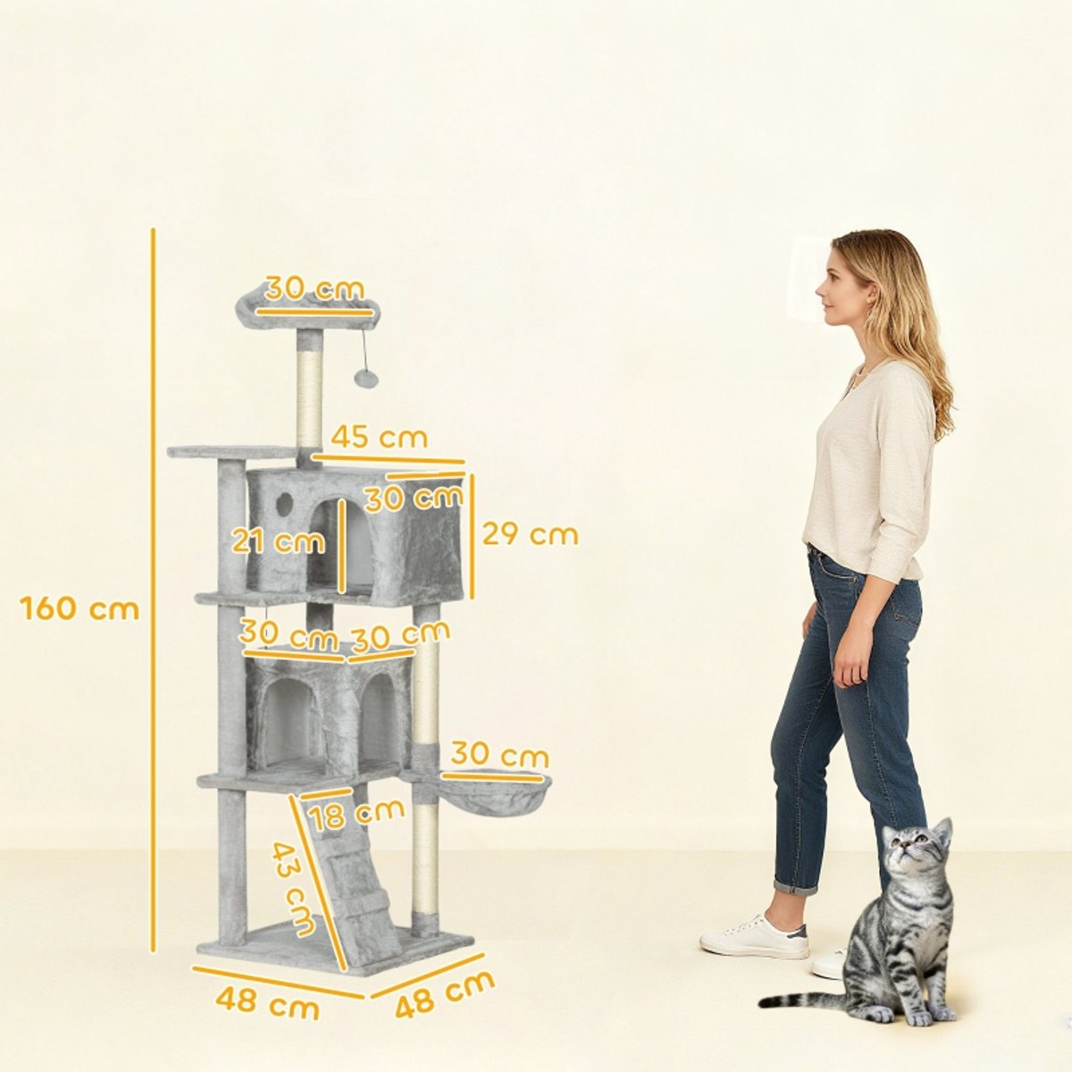 Krabpaal 160 cm – Meerdere Niveaus – Sisal Krabpalen – Lichtgrijs – Kattenhuisje Hangmat Ladder Speelballen