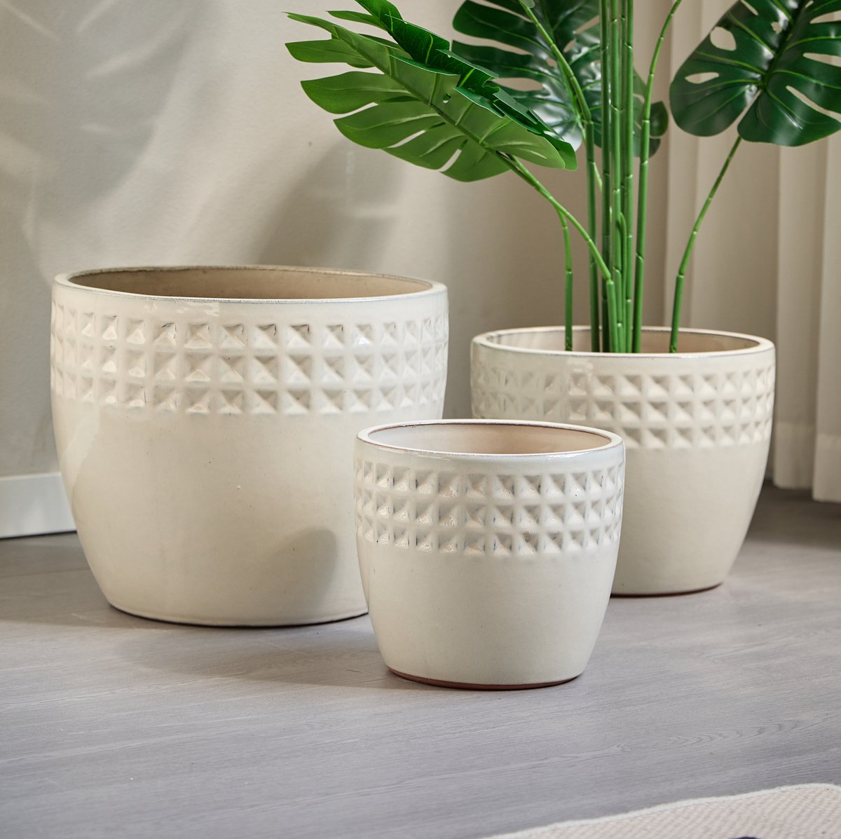 Bloempot 3-Delige Set Met Hoogglans En Driehoek Reliëf 38 30,5 En 23 Cm Keramiek Ancient White Voor Binnen Balkon En Tuin