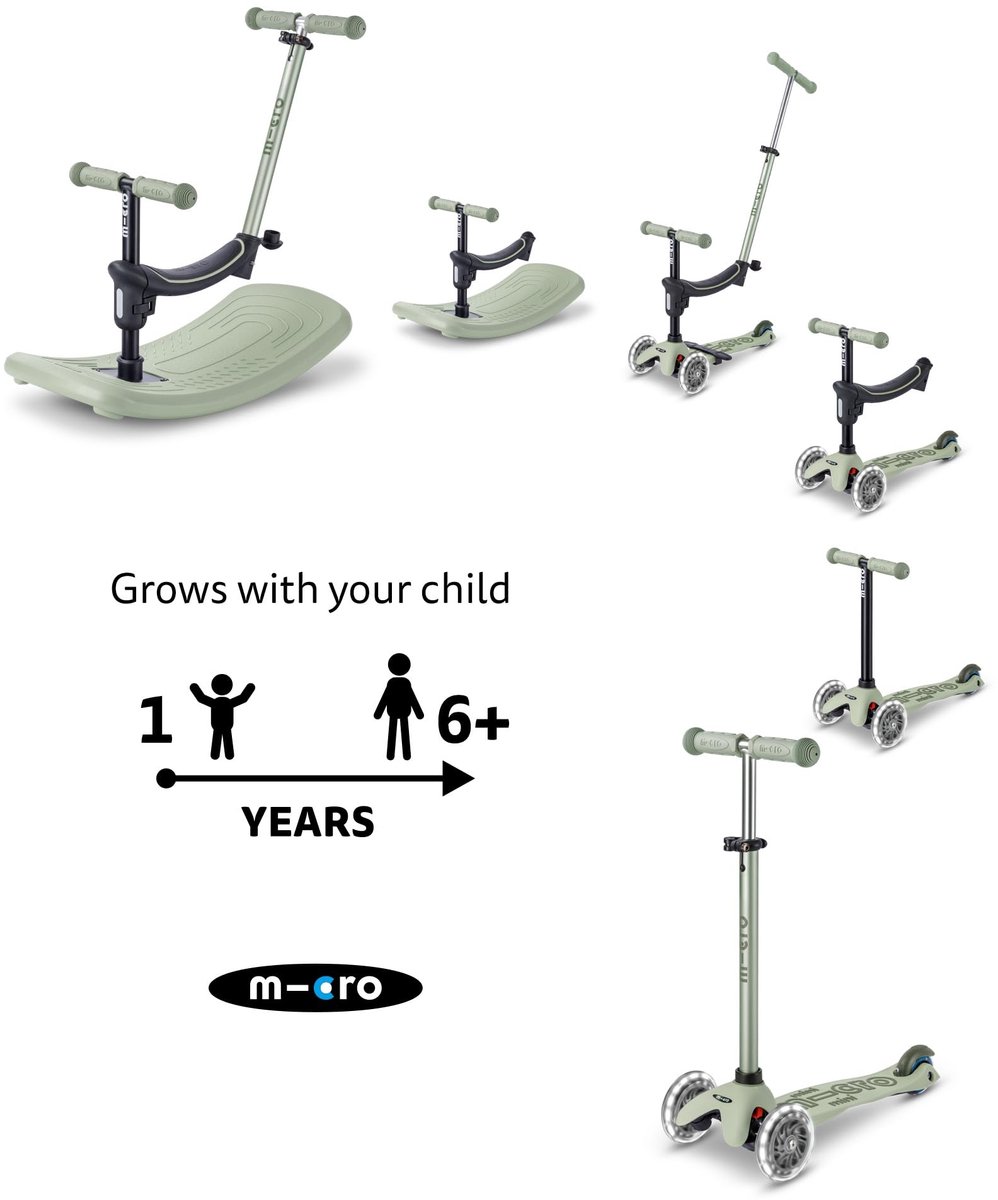 SnelShoppen - Micro™ Mini Micro Deluxe Rock & Go LED, 6-in-1 Systeem, Rocker tot Scooter, Inclusief Accessoires, Kinderen 1-6 Jaar, Olijfsalie