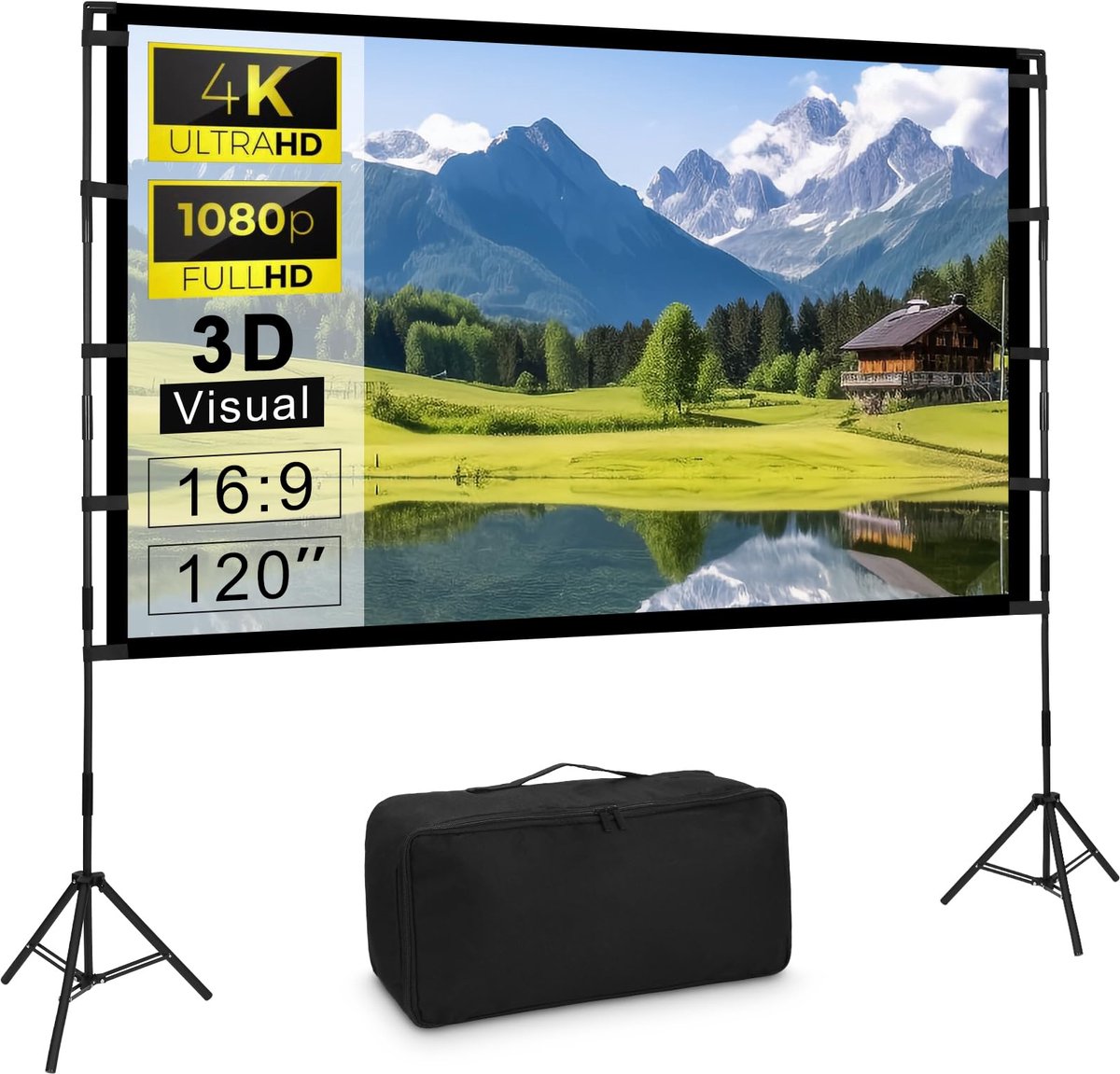 SnelShoppen - Beamerscherm met Statief 120 Inch - Draagbaar Projectiescherm voor Buiten, HD 16:9 Canvas - Ideaal voor Camping, Tuinfeest, Thuisbioscoo