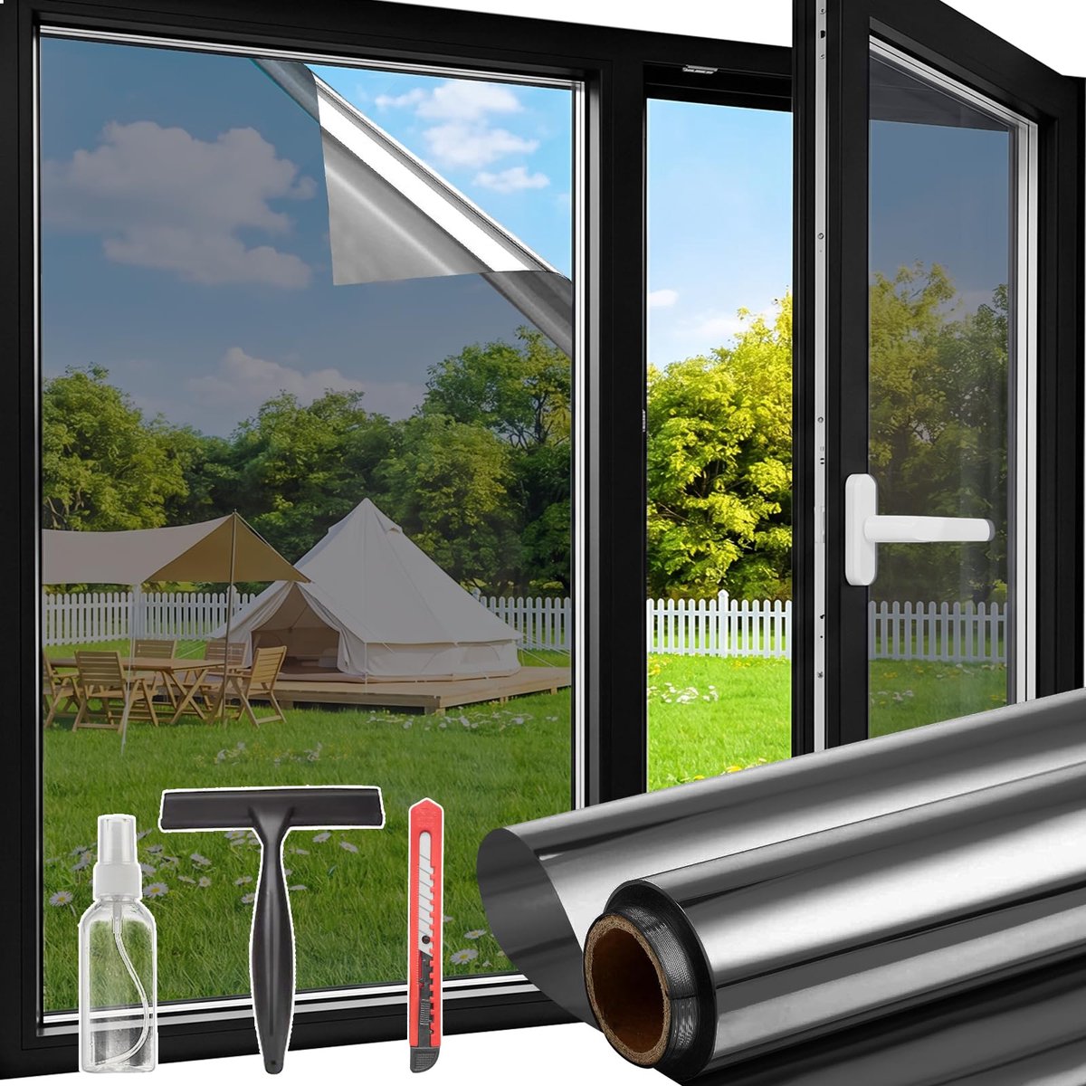 SnelShoppen - Spiegelfolie Raam 90x200 cm Zwart-Zilver, Licht Klevende Privacyfolie, Zonwerend, Warmtewerend, UV Bescherming, Helder Uitzicht voor Bin
