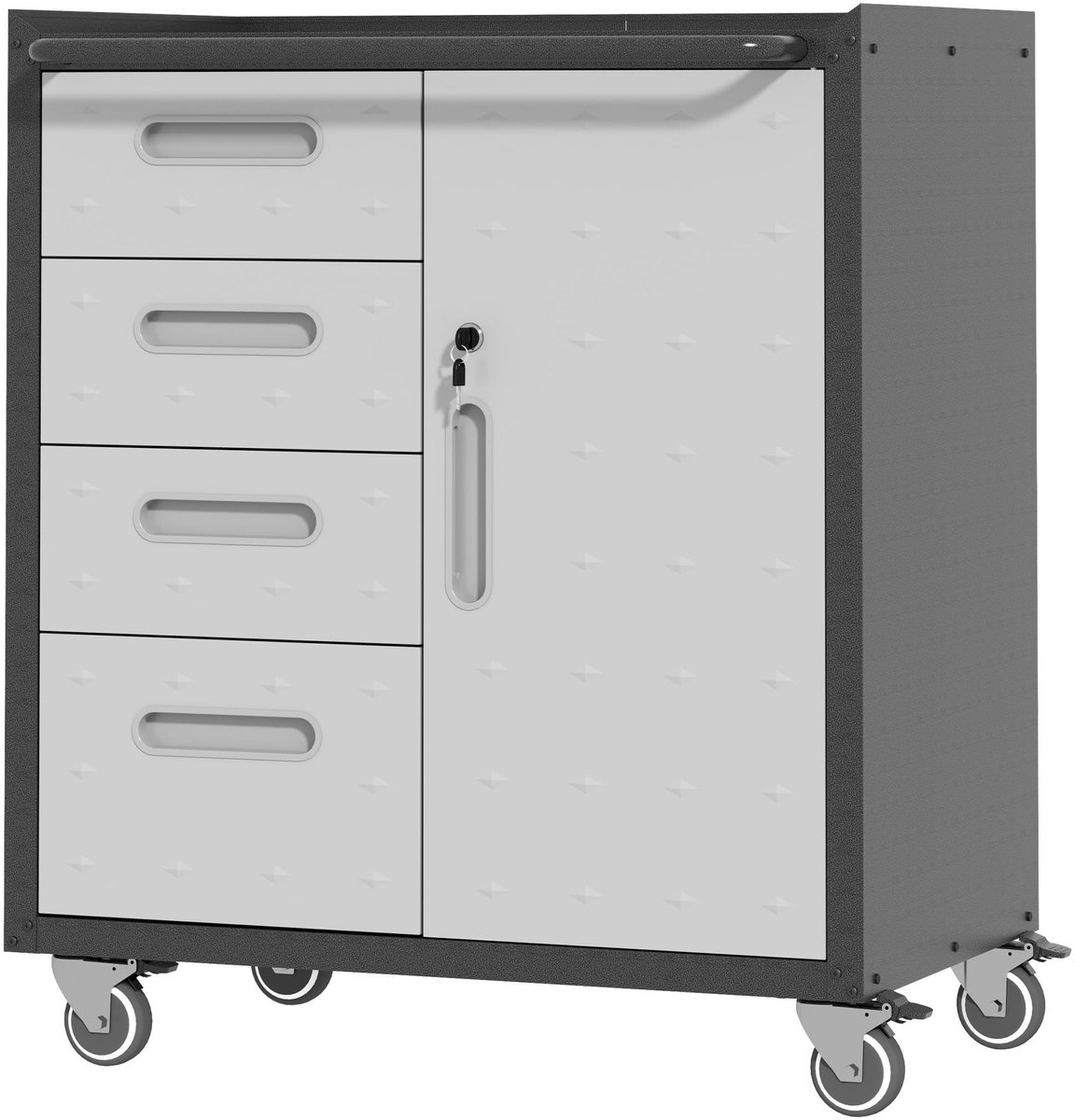 SnelShoppen - Gereedschapskast Met Wielen, Metalen Garagekast Met 1 Deur, 4 Laden, Rollende Werkplaatskast, Montage Vereist, Zwart & Grijs, Ideaal Voo