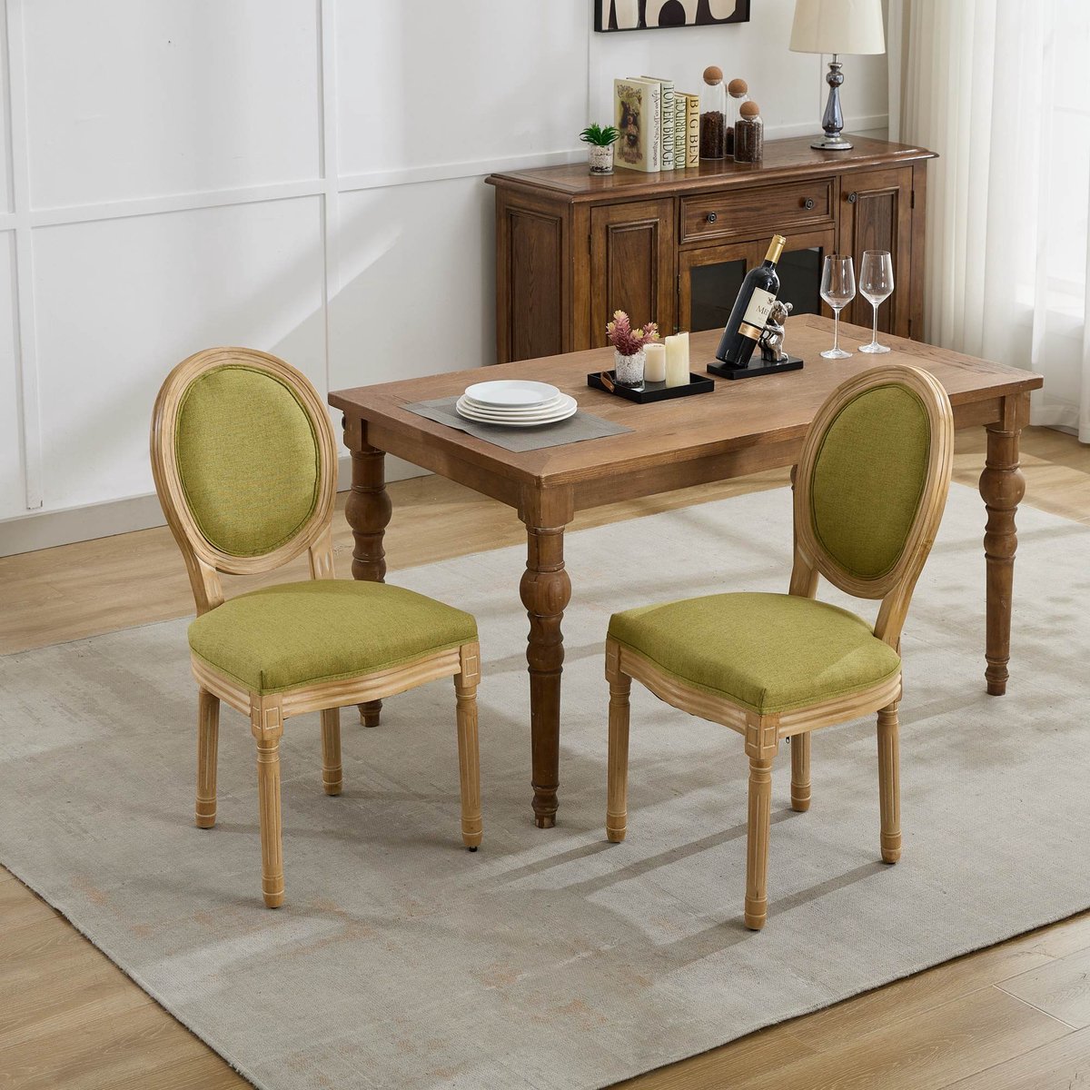 Pugsdrly Eetkamerstoel in Franse stijl met massief houten frame, antiek schilderij, linnen bekleding en rotan rugleuning, set van 2, olijfgroen, DE1845OL