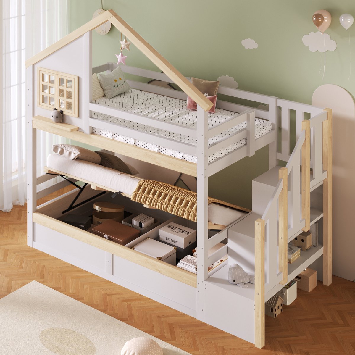 REDOM - Bed - Stapelbed voor 2 personen - Huisvorm met veiligheidsrail en hydraulische opbergruimte - Kinderkamer - Hout en MDF - Wit en Naturel - 252,5 x 95 x 213 cm