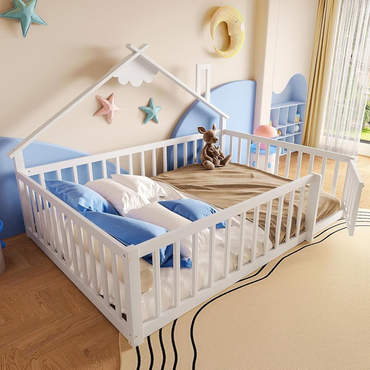 Huisbed - Vloerbed Kinderbed - Slaapkamer Inrichten - Met Leuning en Slot - 140x190 cm - Wit