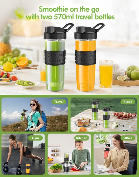 SnelShoppen - Mixer 500 W Smoothiemaker, Draagbare Blender met 2 x 570 ml Smoothieflessen, BPA-vrij Tritan, Roestvrij Staal, 4 Bladen voor Shake en Sm van Snelshoppen — afbeelding 4