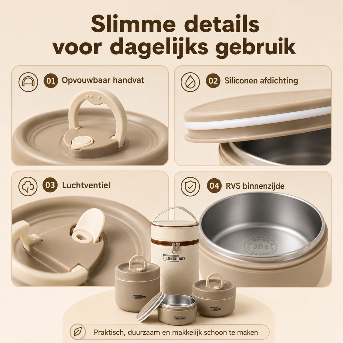 Bobypet - Bento Lunchbox Set met Bestek en Geïsoleerde Tas – 3 Stapelbare RVS Bakjes 1480 ml – Lekvrij en Vaatwasserbestendig – Voor Werk en School — cadeau in Koken & Dineren - foto 4