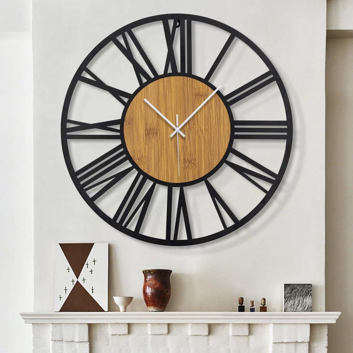 SnelShoppen - HAITANG Wandklok Rond 50 cm Zwart Hout Vintage Stil Niet Tikkend Romeinse Cijfers Voor Woonkamer Kantoor Tuin Decoratie