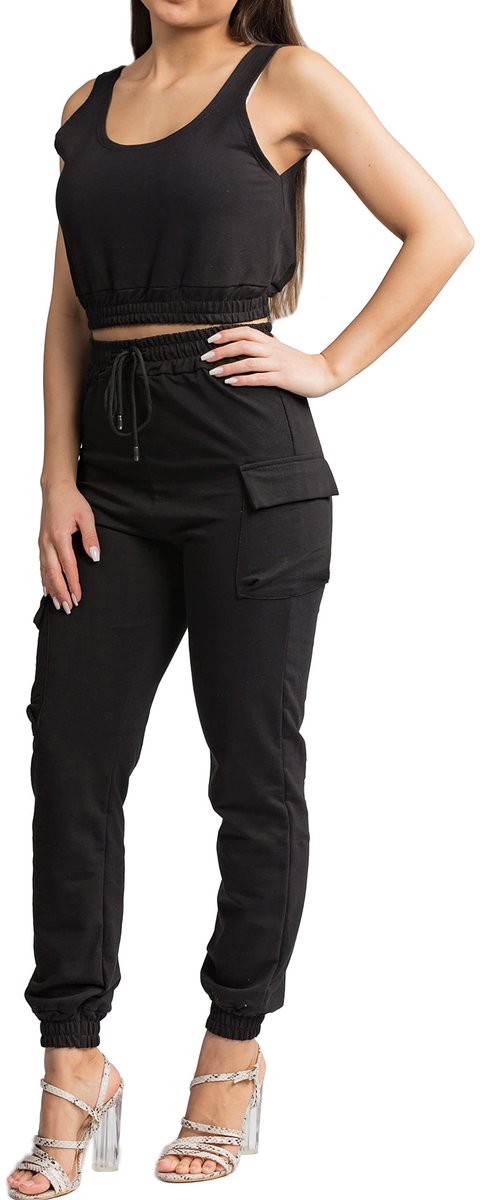 SnelShoppen - 2-delige dames kledingset cargobroek en mouwloze crop-top, zomeroutfit van katoen in zwart, maat L-XL voor casual en feestelijke gelegen