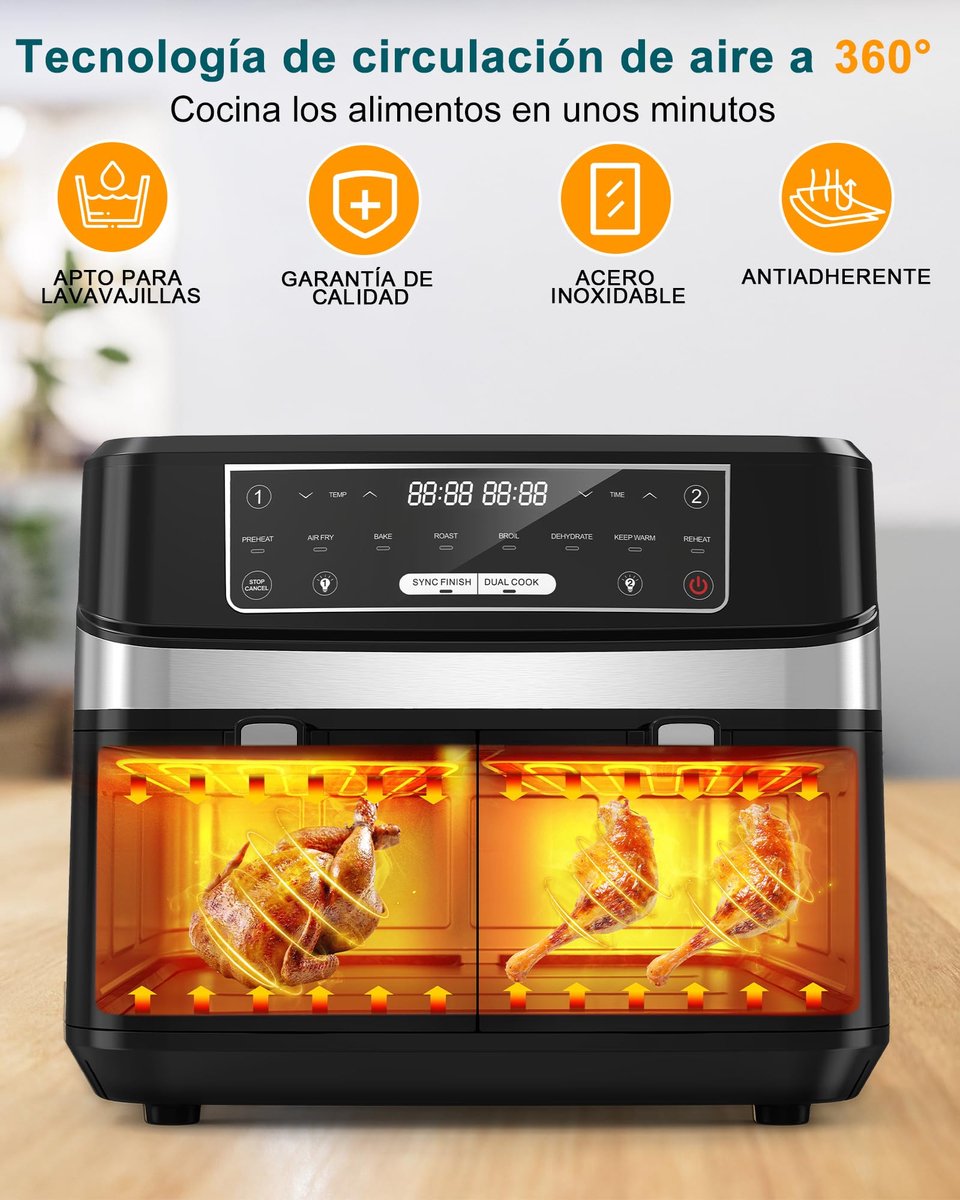 SnelShoppen - Heteluchtfriteuse XXL 10L met Kijkvenster, Dubbele Airfryer, 8-in-1 Touchscreen, Gezond en Vetarm Koken voor Keuken, Feest en Meer
