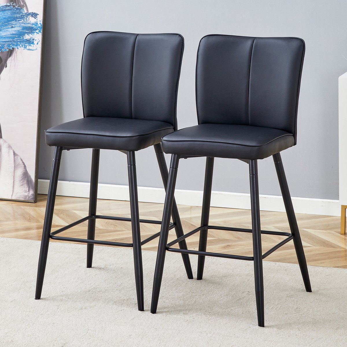 COVREO Barkruk set van 2 - 101 cm hoog, zwart PU-leer, met rugleuning en voetsteun